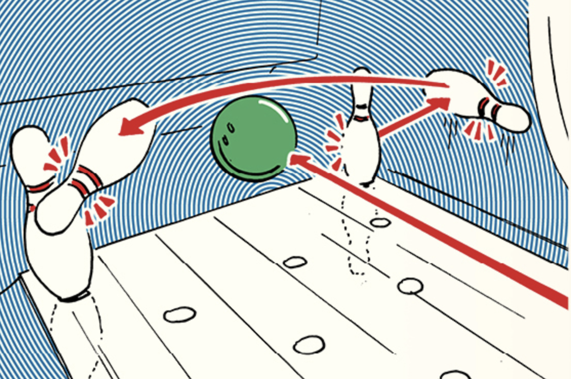 An illustration of a bowling ball hitting a pin, showcasing the skill involved in bowling.