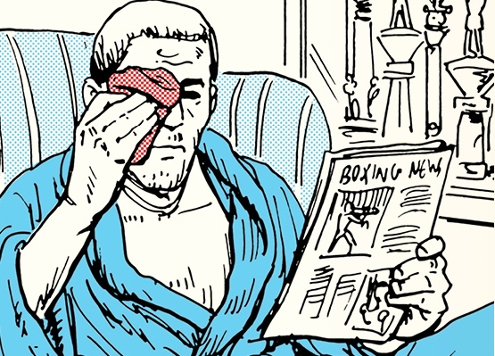 A man in a blue robe sits on a chair, reading "Boxing News" with an ice pack on his black eye in a comic-style illustration.