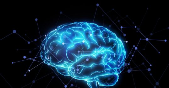An image of a blue brain on a dark background.