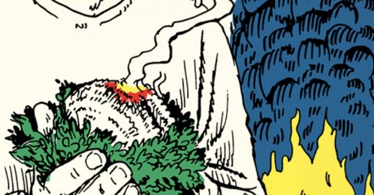 An illustration of a man carrying fire and holding a plant.