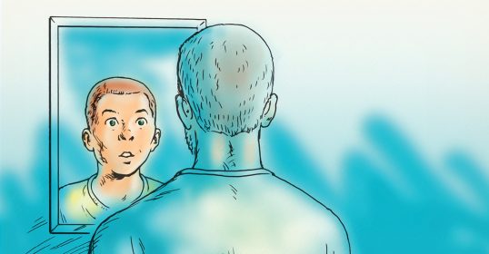 An illustration of a man looking at himself in the mirror, showcasing different ways adults perceive themselves.