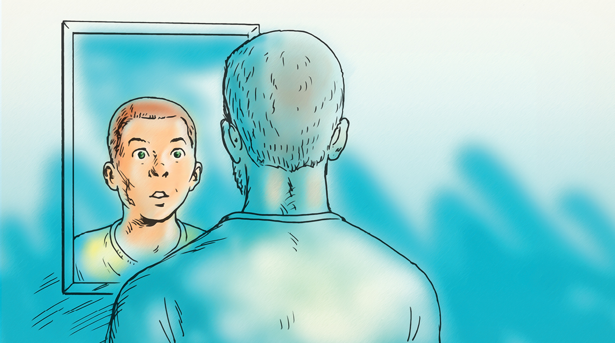 An illustration of a man looking at himself in the mirror, showcasing different ways adults perceive themselves.