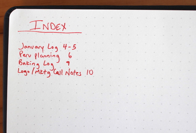 Pages of a Bullet Journal are given to an index.