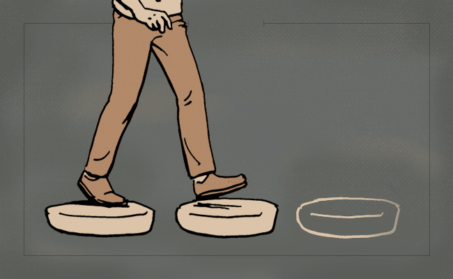 A man standing on top of a pair of shoes in an illustration.