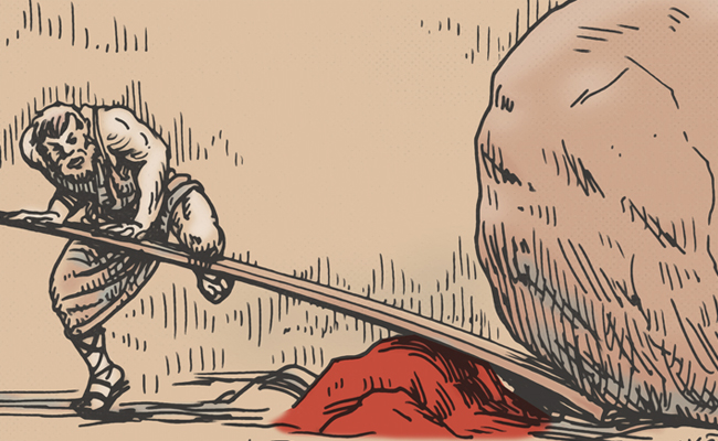 An illustration of a man using a leverage point to pull a large rock.