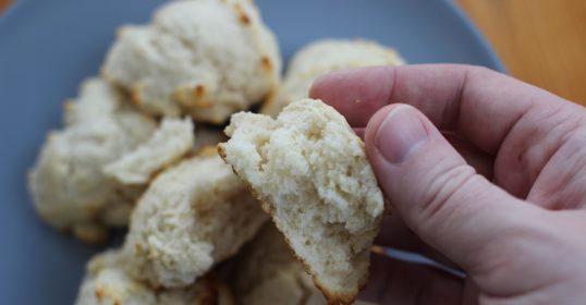 A person holding an easy biscuit on a plate.