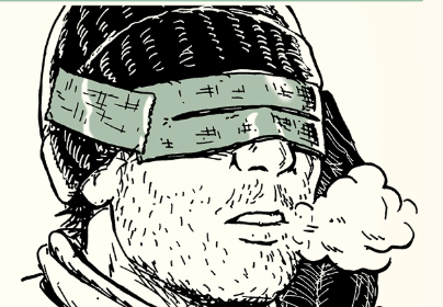 An illustration of a man smoking a cigarette while wearing a blindfold.