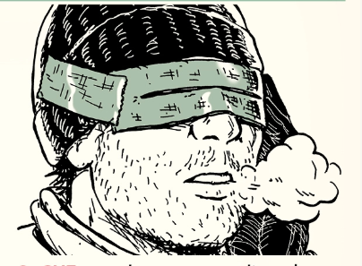 An illustration of a man smoking a cigarette while wearing a blindfold.