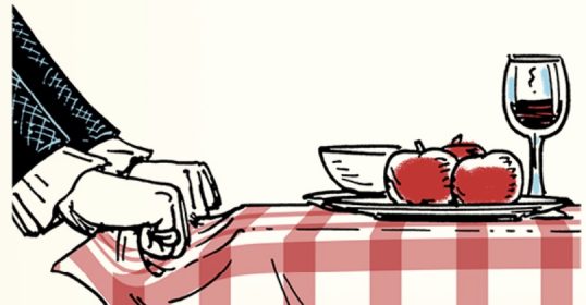 An illustration of a man placing apples on a table.
