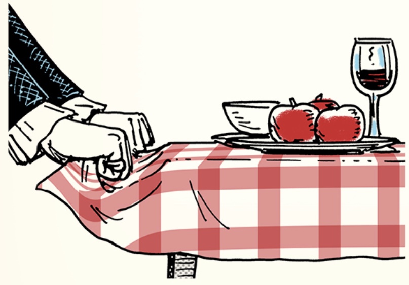 An illustration of a man placing apples on a table.