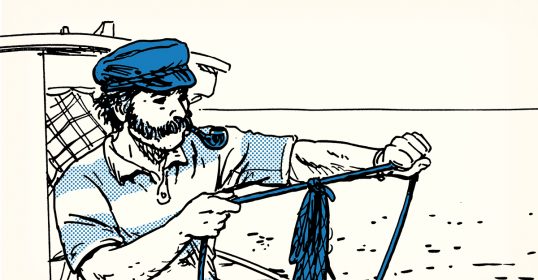 An illustration of a man on a boat, taking care of the rope.