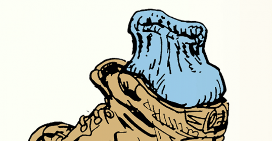 A drawing of a shoe with a blue sock on it.