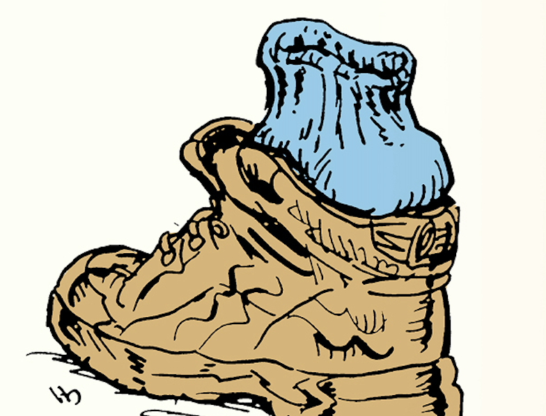 A drawing of a shoe with a blue sock on it.