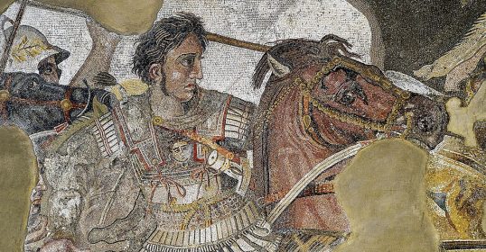 A mosaic depicting Alexander the Great riding a horse.