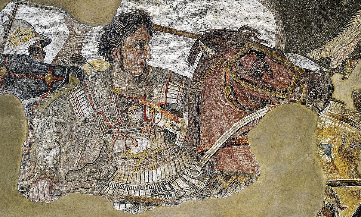 A mosaic depicting Alexander the Great riding a horse.
