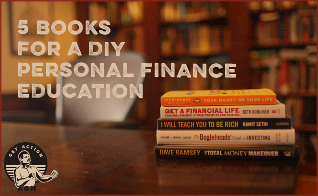 Stack of finance books in library.