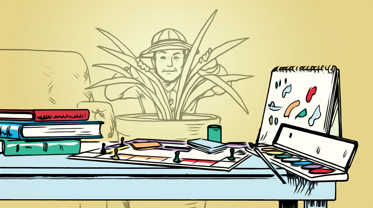 A cartoon illustration of a desk with books and a plant, perfect for those staying at home.