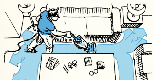 A drawing of a man cleaning a house with a vacuum in 30 minutes.