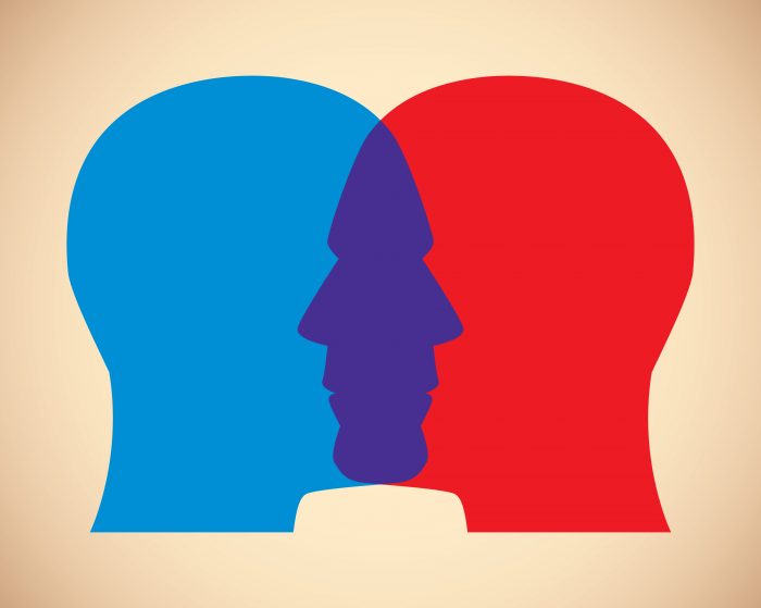 Build instant rapport with these two heads featuring blue and red faces.