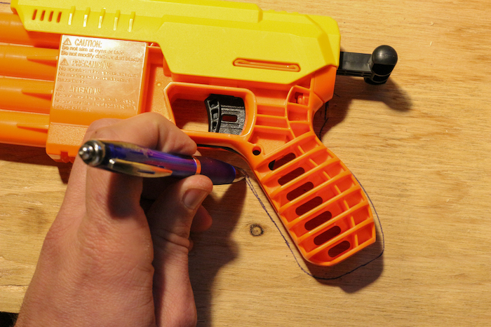 Wood, pen and gun are used for making rubber band gun.