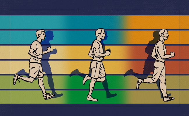 Three people, exercising together, are running in a line on a colorful background.