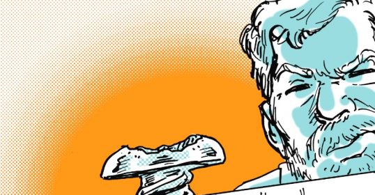 An illustration of a man with a mushroom in his mouth.