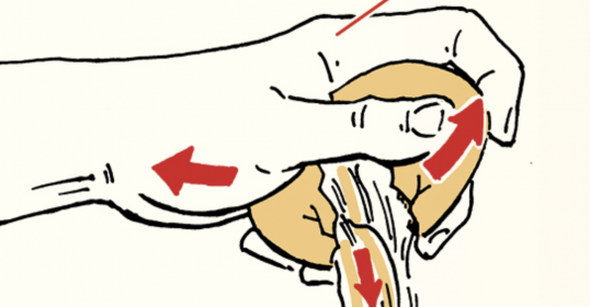 An illustration of a hand cracking an egg into a bowl.