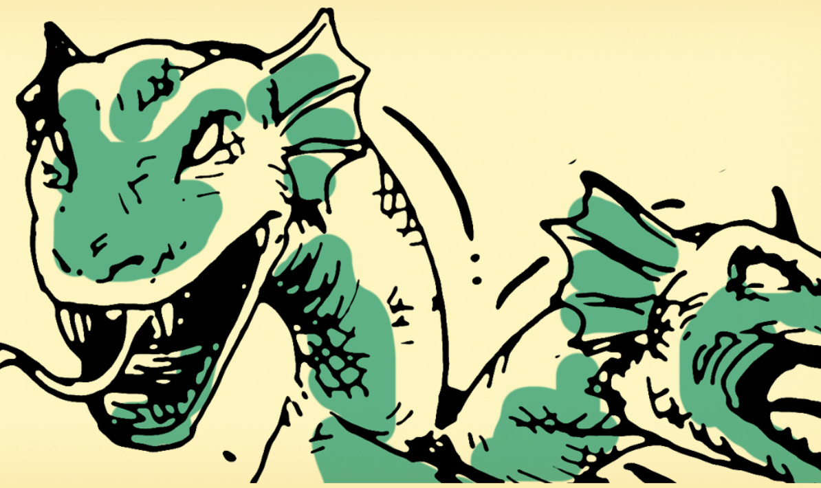 A drawing of two green dragons with their mouths open, showing their resilience.