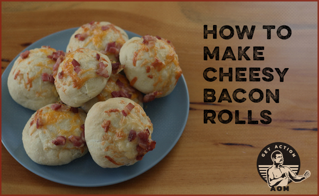 Cover page of cheesy bacon rolls served in plate.