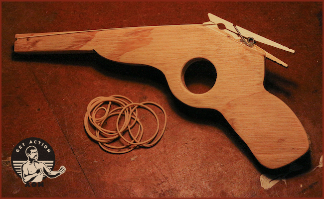 Materials like Clothespin, Rubber bands and plywood are used for rubber band gun.