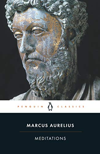 A cover page of "Meditations" by Marcus Aurelius.