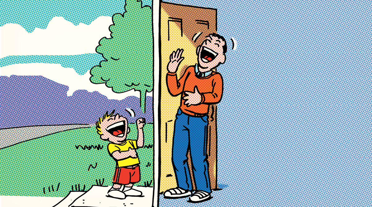 A man and a boy standing next to a door, ready for some knock-knock jokes.