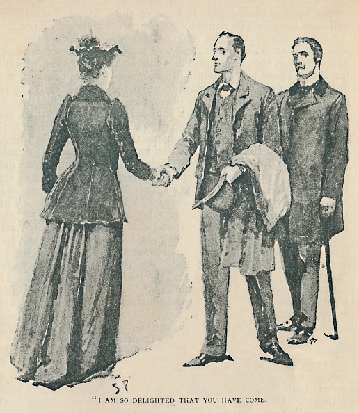 A man shaking hand with women in The Adventure of the Copper Beeches novel.