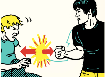 A cartoon illustration of a man delivering a powerful punch to another man.