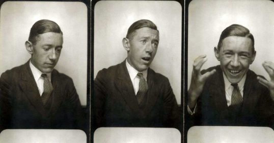 Four photos of a man in a photo booth capturing different moods.