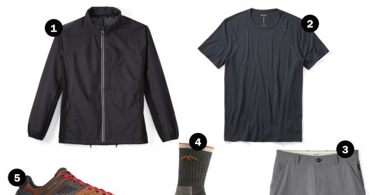 A list of items for a man to wear on a day hike.