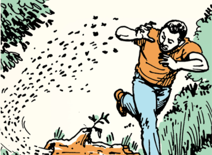 A cartoon man kicking a dirt pile in an attempt to escape.