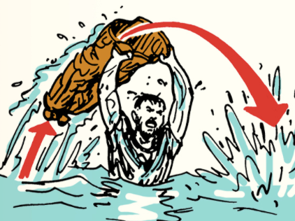 An illustration of a man in the water wearing pants.