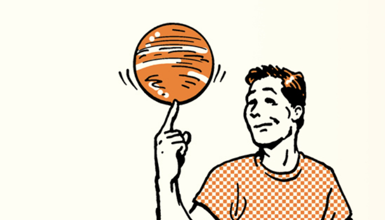 A man is spinning an orange basketball on his finger.