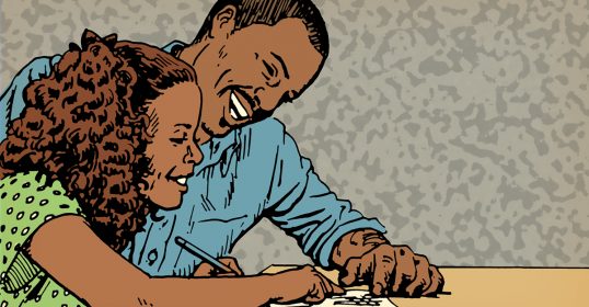 An illustration of a man and woman writing on a piece of paper with a pencil.