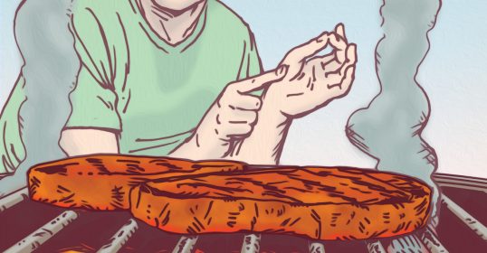 An illustration of a man grilling a steak to the perfect doneness.