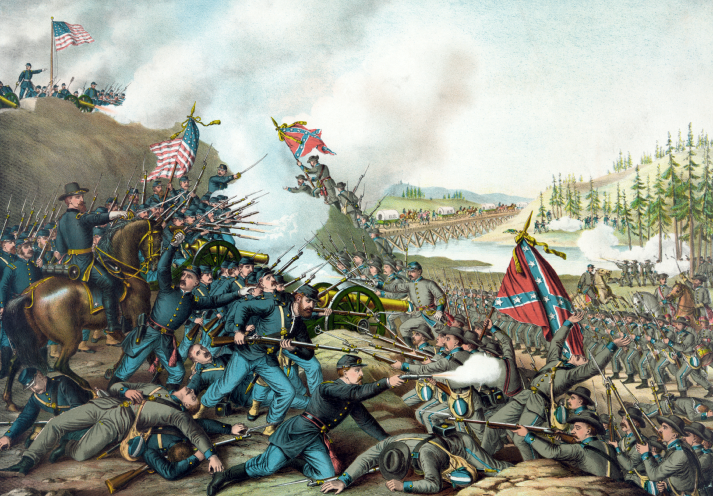 A painting of a man in a Civil War battle.