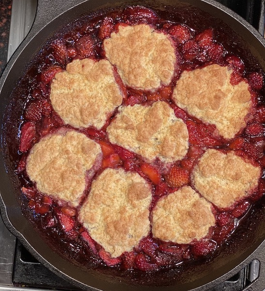 Strawberry Cobbler in a pan.