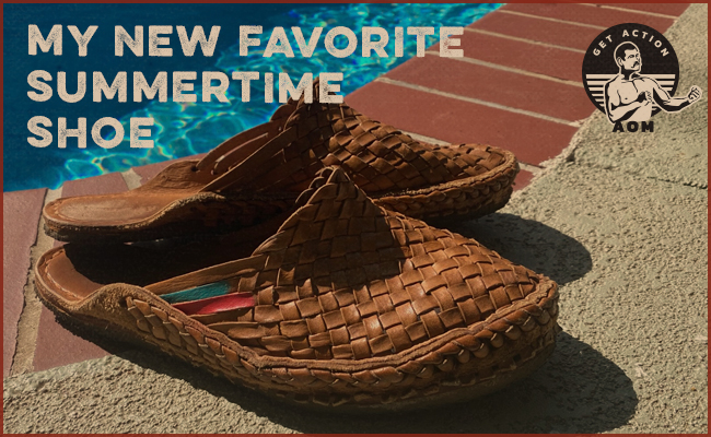 Brown summer Shoe on tiles near swimming Pool.