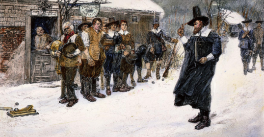 A painting of a group of men standing in the snow captures a sense of solitude and contemplation.