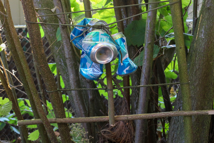 A low-tech perimeter alarm consisting of a bottle hanging from a tree in a garden.