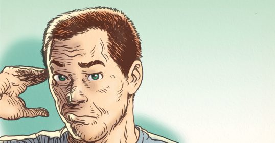 Illustration of a man with his hand on his ear, sporting a Pandemic Buzz Cut.