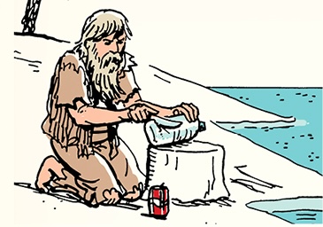 A bearded man in ragged clothing sits on a beach, skillfully placing a message inside a plastic bottle beside a large rock near the seawater. A small red object rests on the sand.