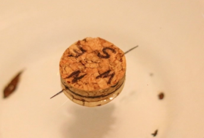A wine cork in a white bowl with DIY writing on it.