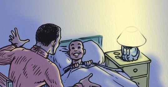 An illustration of a man telling an awesome story to a child in bed.